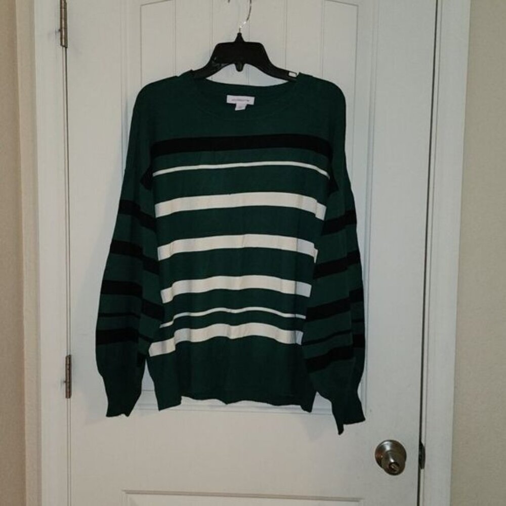 Liz Claiborne Green with Black and Cream Stripes Sweater Sz XL